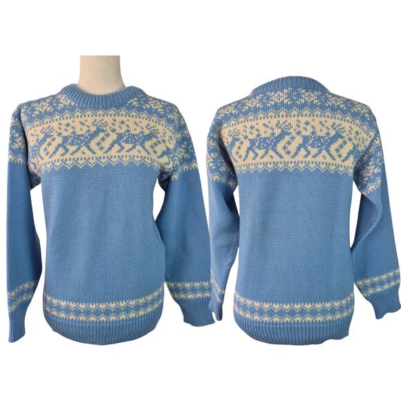 Dale of Norway Light Blue Cream Wool Vintage Nordic Reindeer Sweater 40 MD - Picture 1 of 4